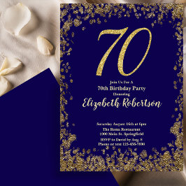 Elegant 70th Blue Birthday Invitation Gold Sequin Kaart