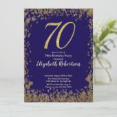 Elegant 70th Blue Birthday Invitation Gold Sequin Kaart (Staand voorkant)