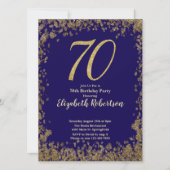 Elegant 70th Blue Birthday Invitation Gold Sequin Kaart (Voorkant)