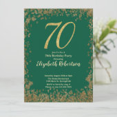 Elegant 70th Green Birthday Invitation Gold Sequin Kaart (Staand voorkant)