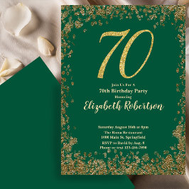 Elegant 70th Green Birthday Invitation Gold Sequin Kaart