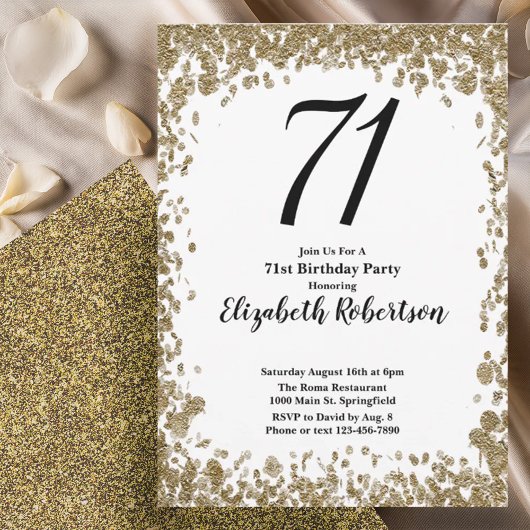 Elegant 71st Birthday Invitation With Gold Sequins Kaart