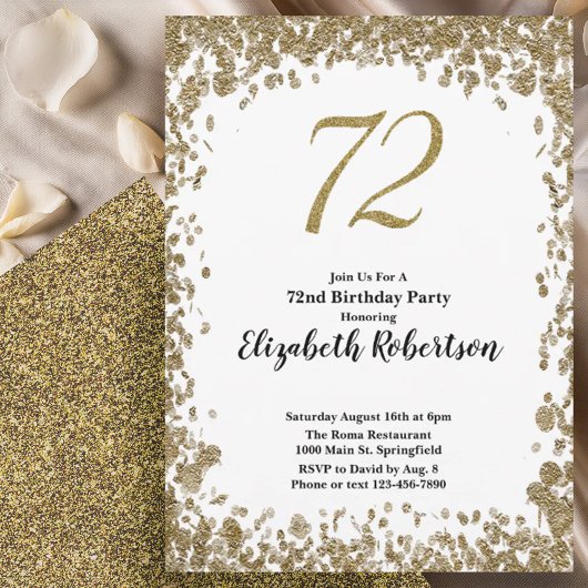 Elegant 72nd Birthday Invitation With Gold Sequins Kaart