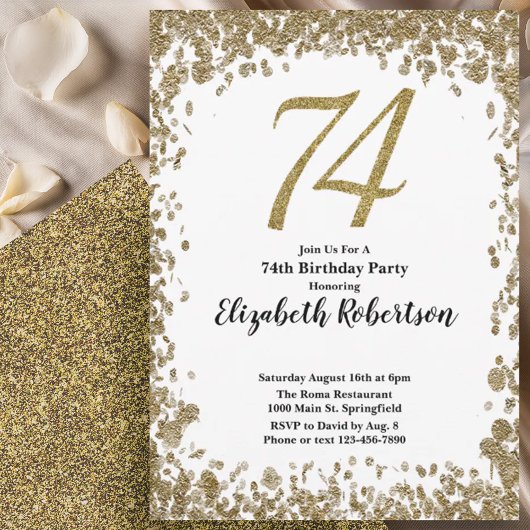 Elegant 74th Birthday Invitation With Gold Sequins Kaart