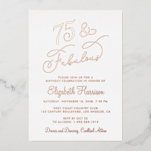 Elegant 75e verjaardagsfeestje folie uitnodiging (Voorkant)