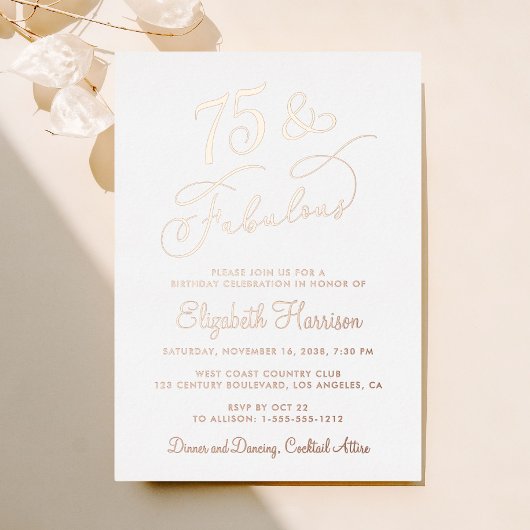 Elegant 75e verjaardagsfeestje folie uitnodiging