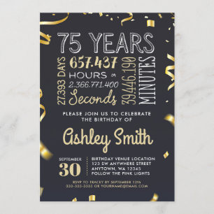 Elegant 75th Birthday Invitation Gold Glitter Kaart
