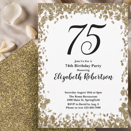 Elegant 75th Birthday Invitation With Gold Sequins Kaart