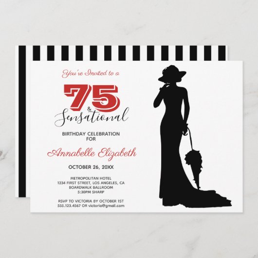 Elegant 75th Birthday Red/Black 75 & SENSATIONAL I Kaart (Voorkant / Achterkant)