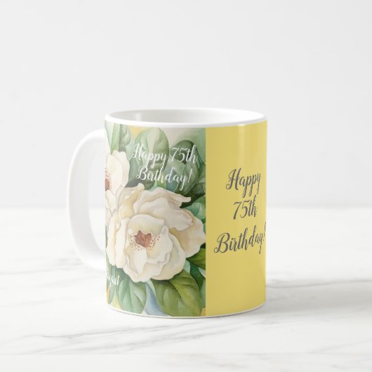 Elegant 75th Birthday Yellow Floral Magnolia Name Koffiemok (Voorkant links)