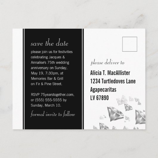 Elegant 75th Diamond Bruiloft Jubileum Aankondigingskaart (Achterkant)