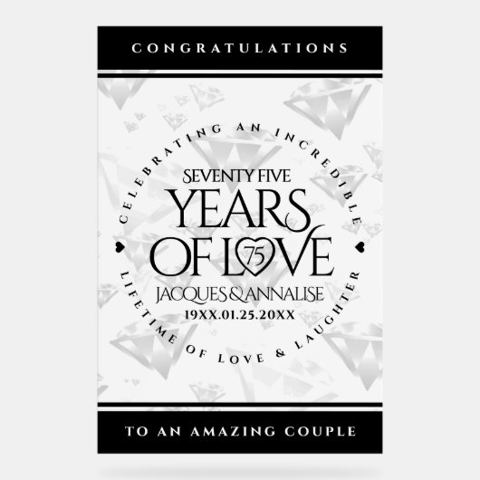 Elegant 75th Diamond Bruiloft Jubileum Acryl Bord (Voorkant)