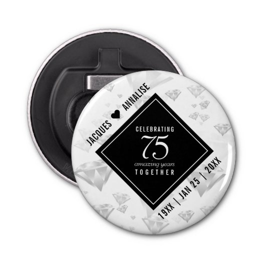 Elegant 75th Diamond Bruiloft Jubileum Button Flesopener (Voorkant)