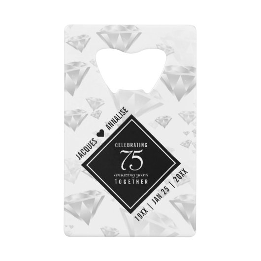 Elegant 75th Diamond Bruiloft Jubileum Creditkaart Flessenopener (Voorkant)