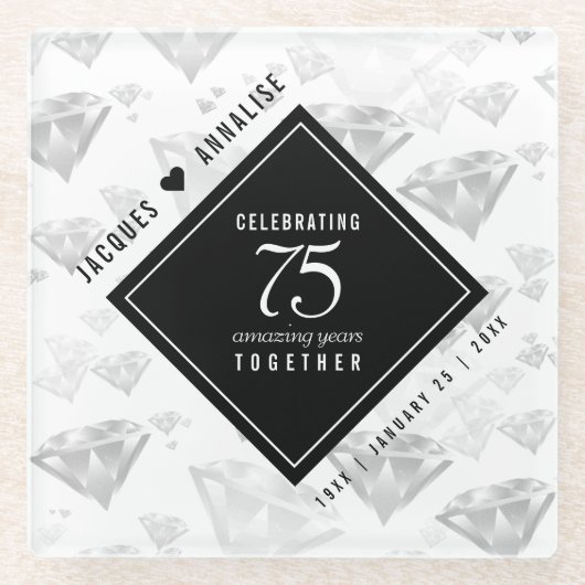 Elegant 75th Diamond Bruiloft Jubileum Glazen Onderzetter (Voorkant)