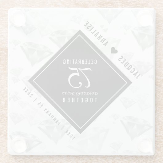 Elegant 75th Diamond Bruiloft Jubileum Glazen Onderzetter (Achterkant)