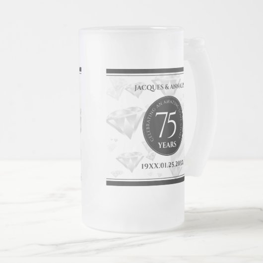 Elegant 75th Diamond Bruiloft Jubileum Matglas Bierpul (Voorkant rechts)