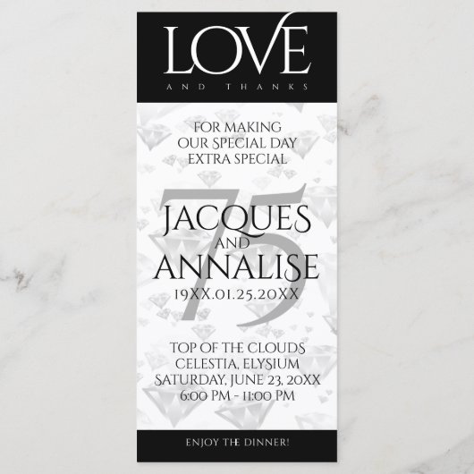 Elegant 75th Diamond Bruiloft Jubileum Menu (Achterkant)