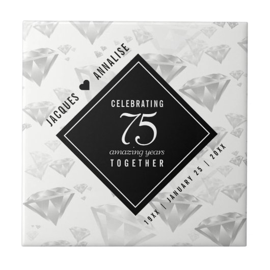 Elegant 75th Diamond Bruiloft Jubileum Tegeltje (Voorkant)