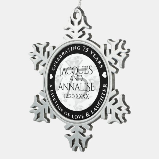 Elegant 75th Diamond Bruiloft Jubileum Tin Sneeuwvlok Ornament (Rechts)