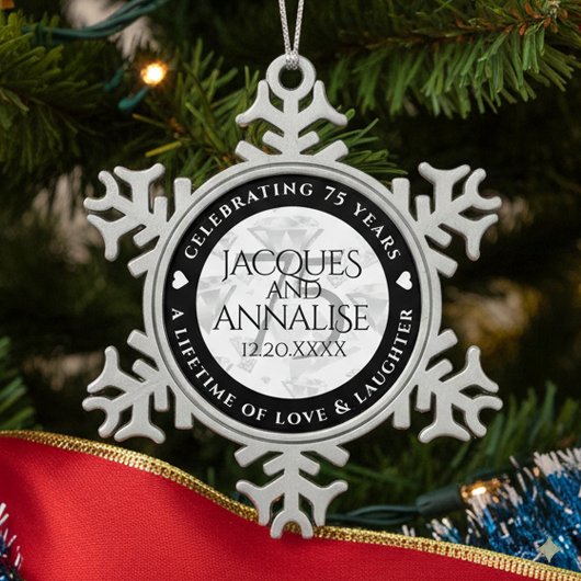 Elegant 75th Diamond Bruiloft Jubileum Tin Sneeuwvlok Ornament