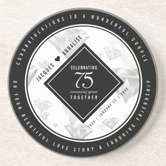 Elegant 75th Diamond Bruiloft Jubileum Zandsteen Onderzetter (Voorkant)