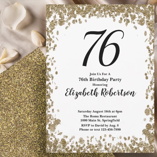 Elegant 76th Birthday Invitation With Gold Sequins Kaart