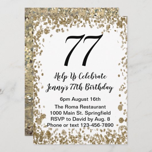 Elegant 77th Birthday Invitation in black and gold Kaart (Voorkant / Achterkant)