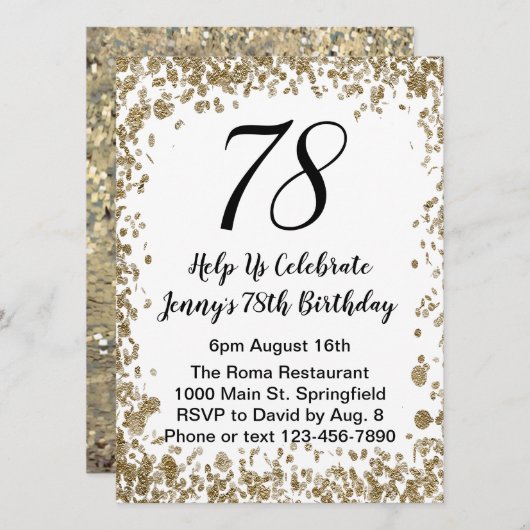 Elegant 78th Birthday Invitation in black and gold Kaart (Voorkant / Achterkant)