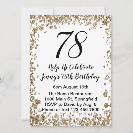 Elegant 78th Birthday Invitation in black and gold Kaart (Voorkant)