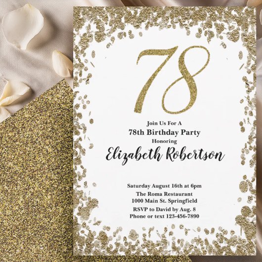 Elegant 78th Birthday Invitation With Gold Sequins Kaart