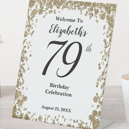 Elegant 79e Verjaardag Welkom Bord Gouden Lovertje Reclamebord Met Voetstuk