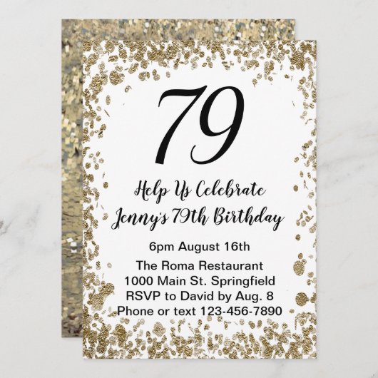 Elegant 79th Birthday Invitation in black and gold Kaart (Voorkant / Achterkant)