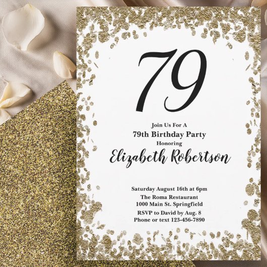 Elegant 79th Birthday Invitation With Gold Sequins Kaart