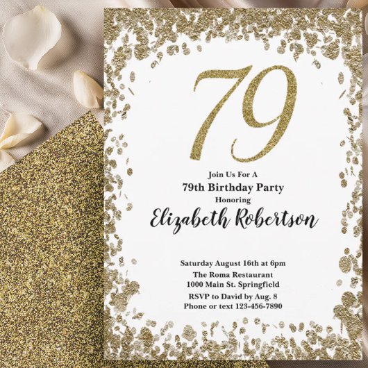 Elegant 79th Birthday Invitation With Gold Sequins Kaart