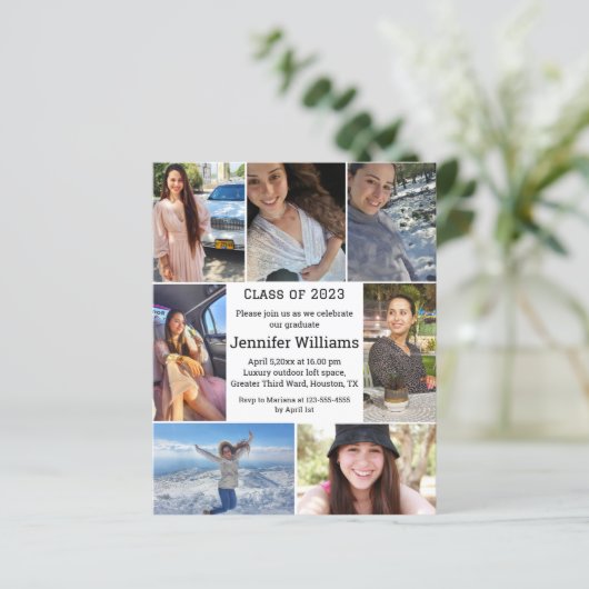 Elegant 7 foto's collage afstuderen uitnodiging (Staand voorkant)
