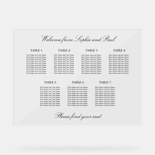 Elegant 7 tafel zitgrafiek Acryl teken Acryl Bord (Voorkant)