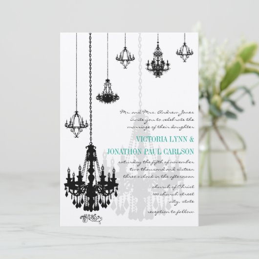 Elegant 7 zwart kroonluchters bruiloft kaart (Staand voorkant)