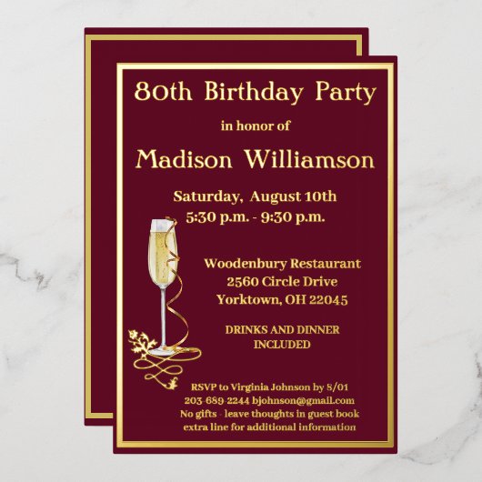 Elegant 80-80-jarige Rood goud Folie Uitnodiging (Voorkant / Achterkant)