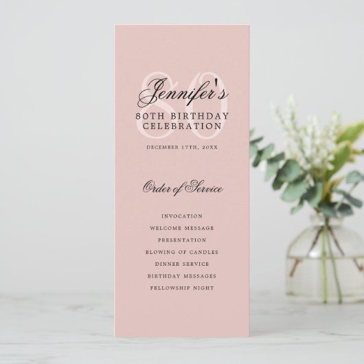 Elegant 80e Programma Menu+Bedankt Blush Pink (Staand voorkant)