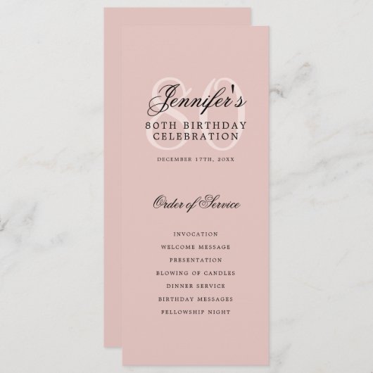 Elegant 80e Programma Menu+Bedankt Blush Pink (Voorkant / Achterkant)