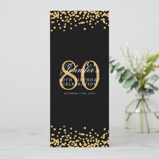 Elegant 80e verjaardag Menu Goud Zwart Confetti Kaart (Staand voorkant)