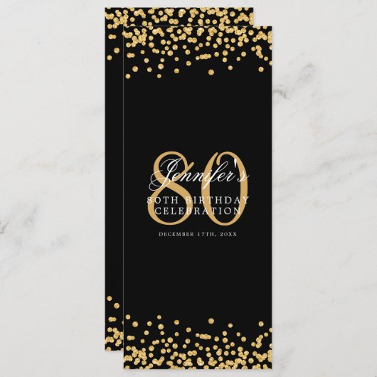 Elegant 80e verjaardag Menu Goud Zwart Confetti Kaart (Voorkant / Achterkant)