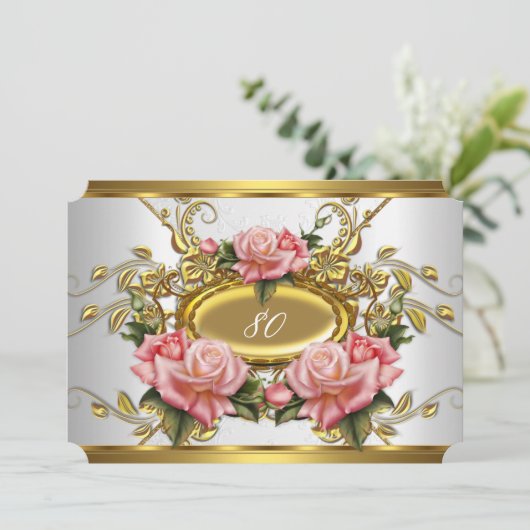Elegant 80e verjaardag Pink Gold Rozen White Kaart (Staand voorkant)