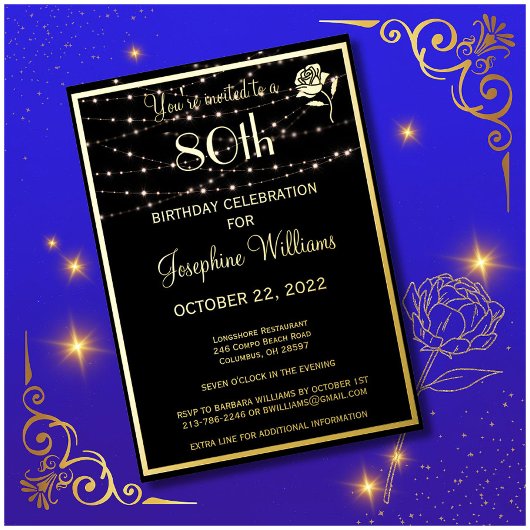 Elegant 80e verjaardag zwart goud folie uitnodiging