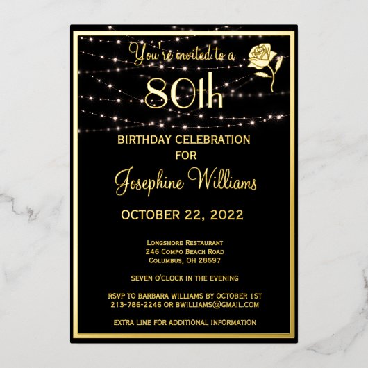 Elegant 80e verjaardag zwart goud folie uitnodiging (Voorkant)