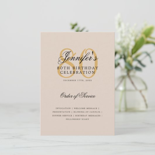 Elegant 80ste verjaardagsprogramma Gouden Menu Cha Kaart (Staand voorkant)