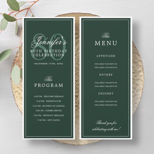 Elegant 80ste verpartijprogramma menu groen kaart