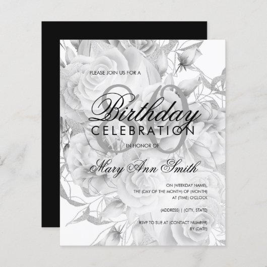 Elegant 80th Birthday Floral Silver White Invite (Voorkant / Achterkant)