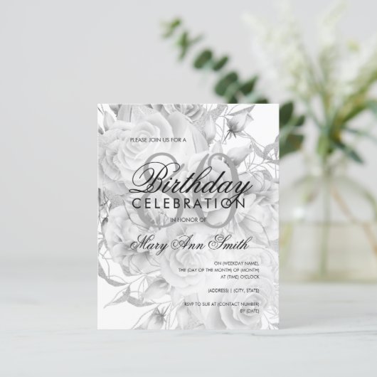 Elegant 80th Birthday Floral Silver White Invite (Staand voorkant)